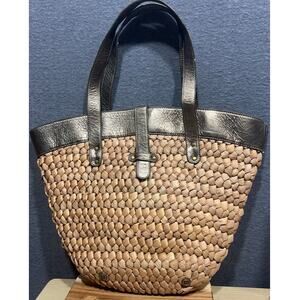 J. Crew Provence Large Straw Vacation Tote Bag Leather Straps Cotton Lining